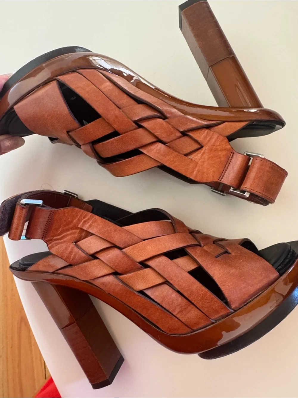 Calvin Klein Woven Leather Platform Slingback Heels - Brown